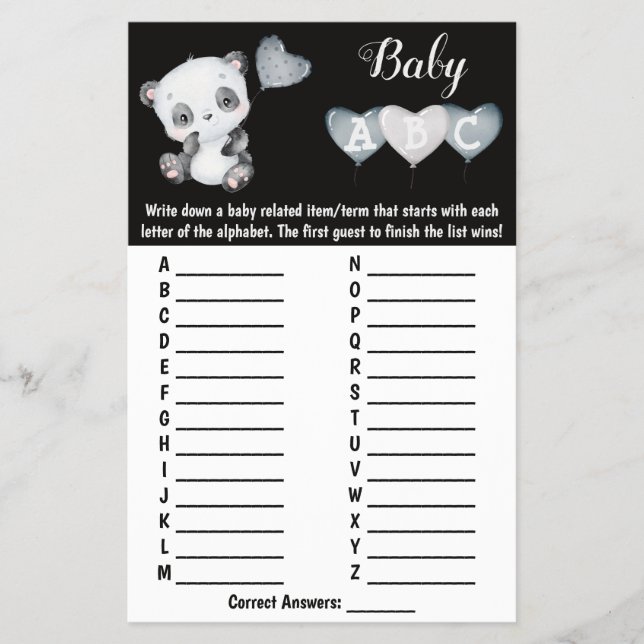 Baby Panda ABC Baby Shower Game Card Flyer (Front)