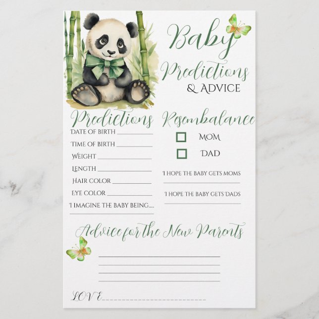 Baby Panda Bear Baby Predictions Advice Card (Front)