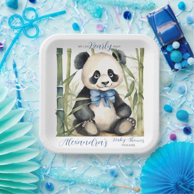 Baby Panda Bear Bearly Wait Boy Baby Shower Paper Plates (Party)