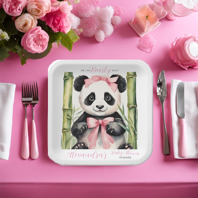 Baby Panda Bear Bearly Wait Girls Baby Shower Paper Plates (Creator Uploaded)