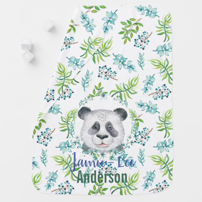 Baby Panda Bear Blue Leaves Boys Named Swaddle Baby Blanket (In Situ)