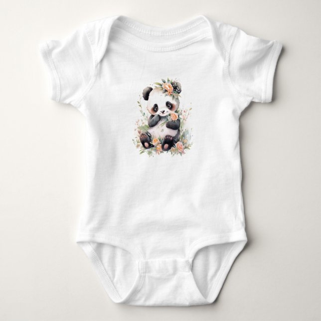 Baby Panda Bear Cub with Flowers  Bodysuit (Front)