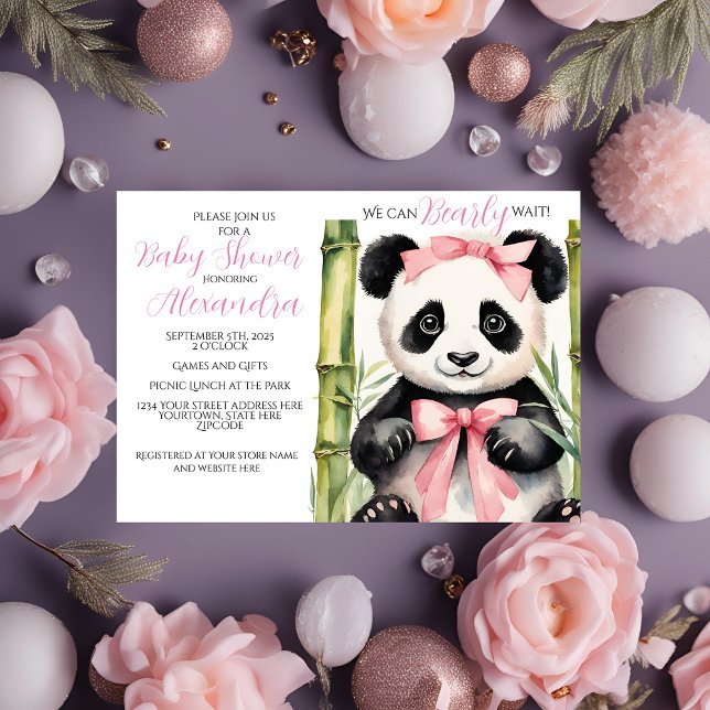 Baby Panda Bear Girl Bearly Wait Baby Shower Invitation (Creator Uploaded)
