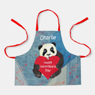 Baby Panda Bear Hugging a Big Red Heart Chef Apron