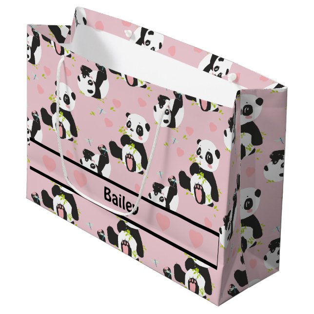 Baby Panda Bear Pink Hearts Custom Large Gift Bag (Front Angled)