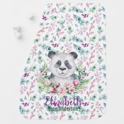 Baby Panda Bear Purple Floral Named Swaddle Baby Blanket