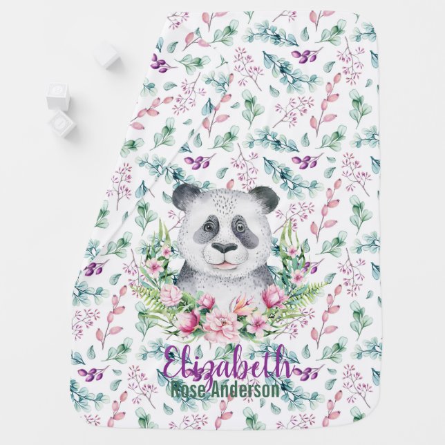 Baby Panda Bear Purple Floral Named Swaddle Baby Blanket (In Situ)