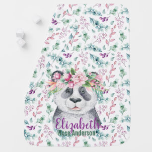Baby Panda Bear Purple Green Flowers Swaddle Blanket