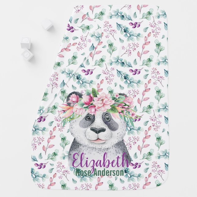 Baby Panda Bear Purple Green Flowers Swaddle Blanket (In Situ)