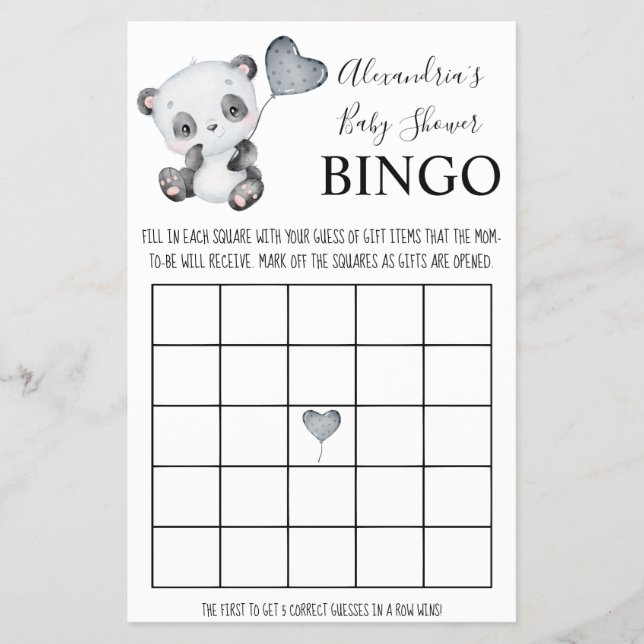 Baby Panda Bingo Baby Shower Game Card Flyer (Front)