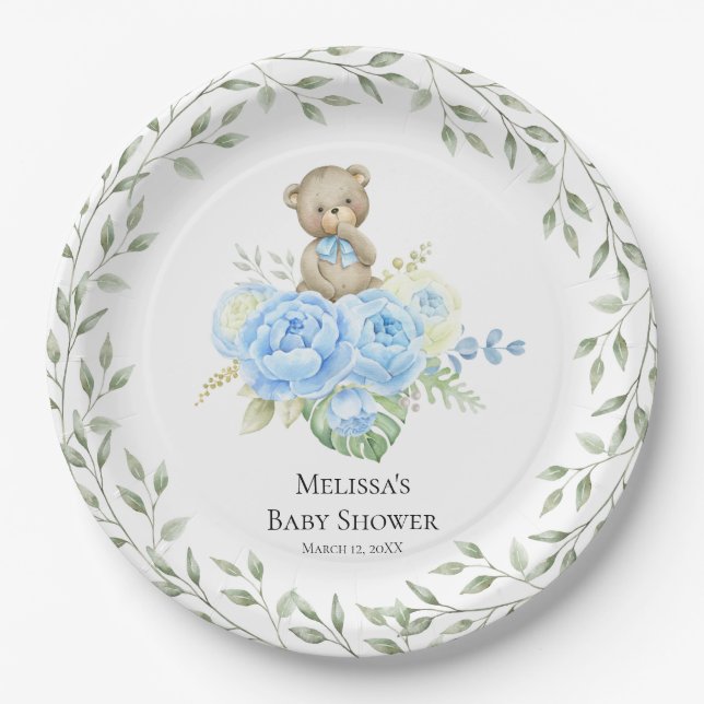 Baby Panda Blue Balloons Shower | Paper Plates (Front)