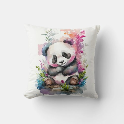 Baby Panda Colorful Watercolor Art Throw Pillow