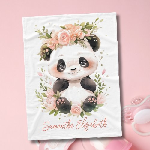 Baby Panda Pink Floral Flowers Baby Girl Gift Fleece Blanket