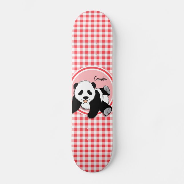 Baby Panda; Red and White Gingham Skateboard (Front)