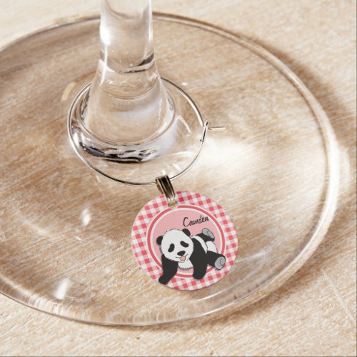 Baby Panda Red and White Gingham Wine Glass Charm