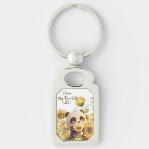 Baby Panda With Sunflower Metal Keychain