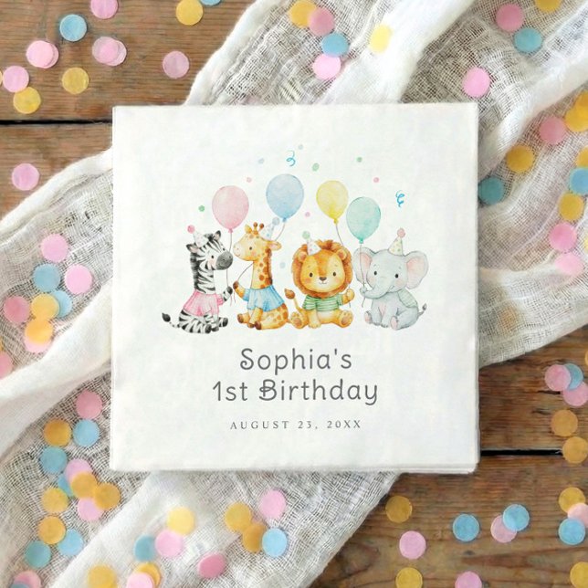 Baby Party Animals Cute 1st Birthday Napkins (Kids birthday party napkins with elephant, lion, giraffe and zebra holding balloons)