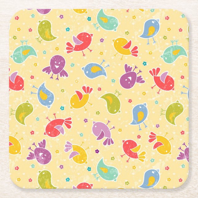 Baby pattern with cute birds square paper coaster (Front)