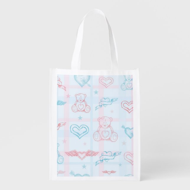 baby pattern with teddy bear reusable grocery bag (Front)