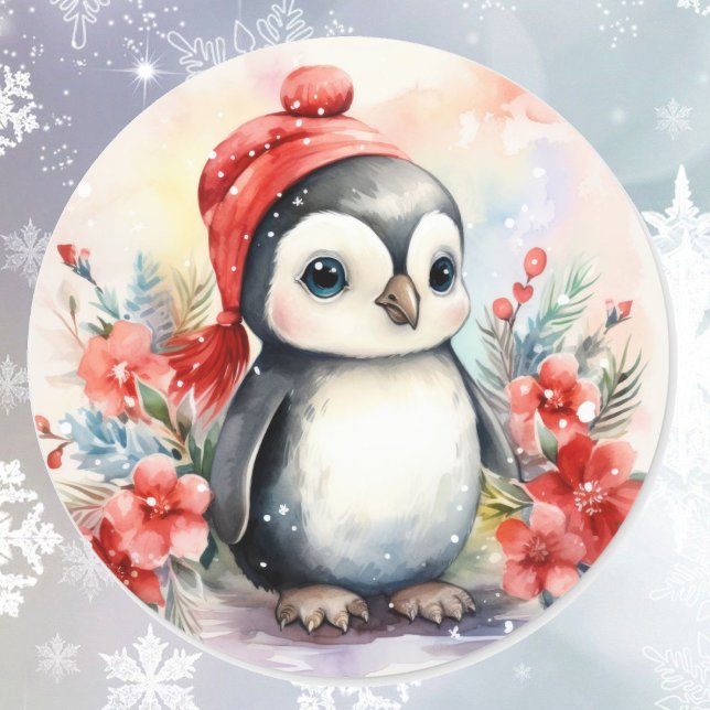 Baby Penguin at Christmas Cute Classic Round Sticker (Creator Uploaded)