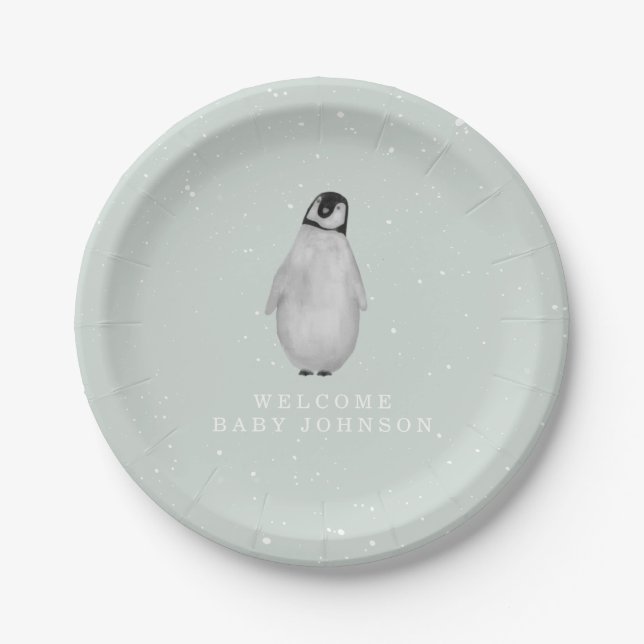 Baby Penguin Blue Winter Baby Shower Paper Plates (Front)
