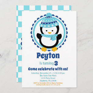 Baby Penguin Blue Winter Birthday Party Invitation