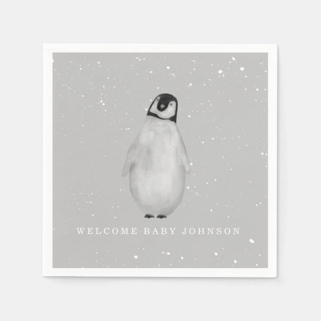 Baby Penguin Gray Winter Neutral Baby Shower Napkins (Front)