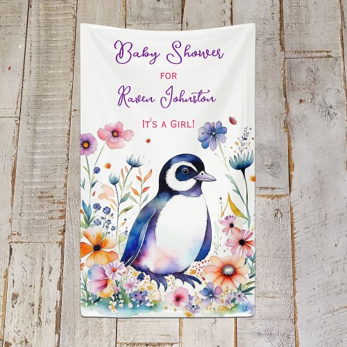 Baby Penguin in Flowers Girls Baby Shower Banner