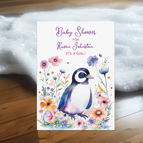 Baby Penguin in Flowers Girls Baby Shower Invitation
