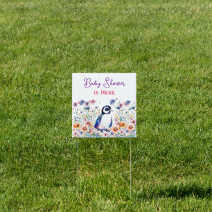 Baby Penguin in Flowers Girl's Baby Shower is Here Sign