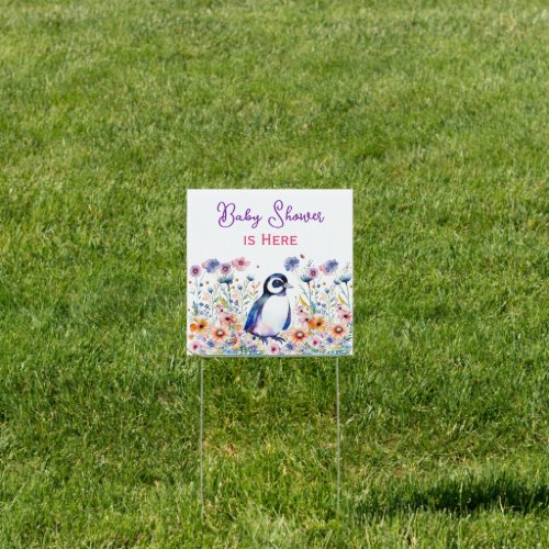 Baby Penguin in Flowers Girls Baby Shower is Here Sign