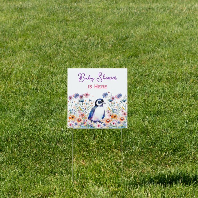 Baby Penguin in Flowers Girl's Baby Shower is Here Sign (Insitu)