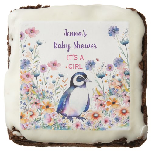 Baby Penguin in Flowers Its a Girl  Baby Shower Brownie