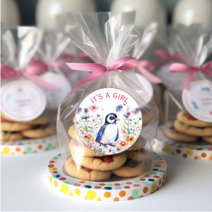 Baby Penguin in Flowers It's a Girl   Baby Shower Classic Round Sticker