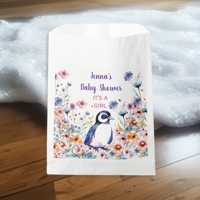 Baby Penguin in Flowers It's a Girl | Baby Shower Favor Bag (Creator Uploaded)