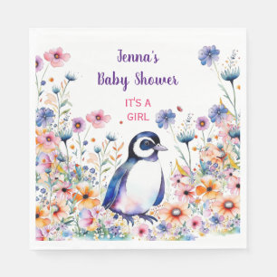 Baby Penguin in Flowers It's a Girl Baby Shower Napkins