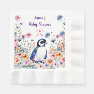 Baby Penguin in Flowers It's a Girl Baby Shower Napkins