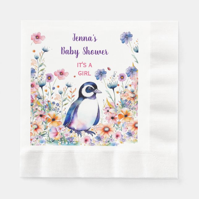 Baby Penguin in Flowers It's a Girl | Baby Shower Napkins (Front)