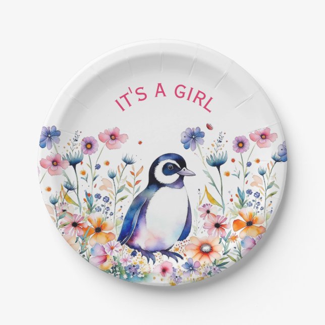 Baby Penguin in Flowers It's a Girl | Baby Shower Paper Plates (Front)