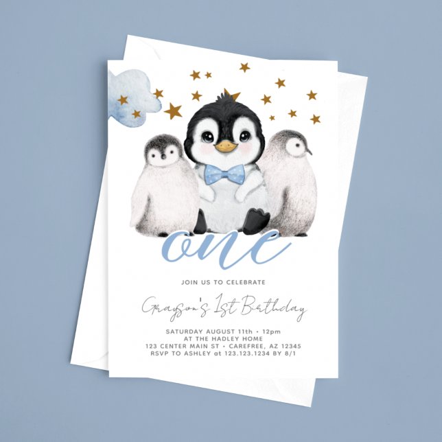 Baby Penguin Kids First 1st Birthday Invitation (Creator Uploaded)