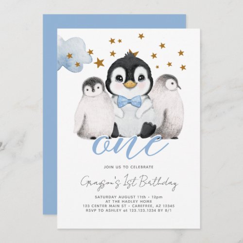 Baby Penguin Kids First 1st Birthday Invitation