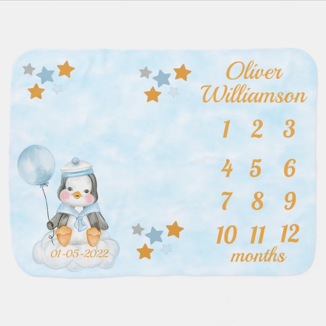 Baby Penguin Milestone Blue Baby Blanket (Horizontal)
