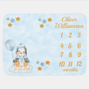 Baby Penguin Milestone Blue Blanket