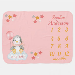 Baby Penguin Milestone Pink Baby Blanket