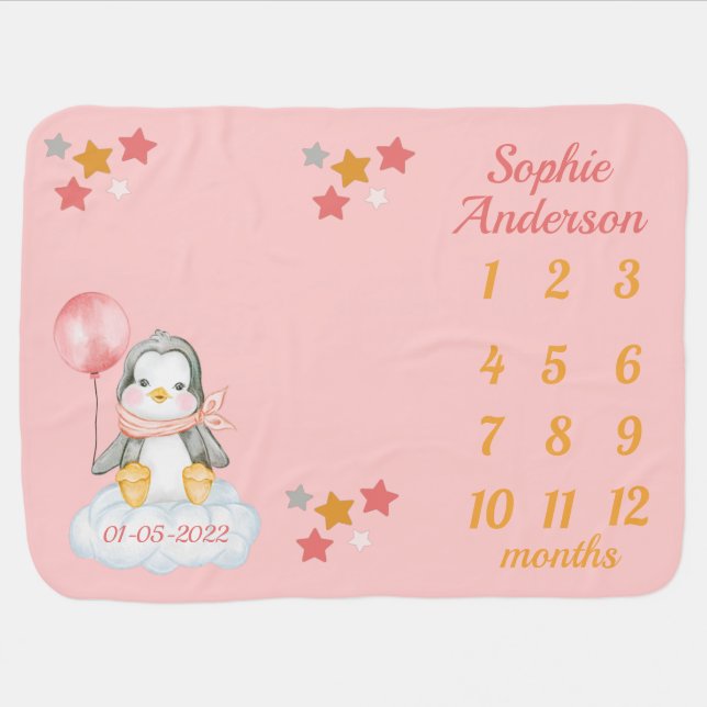 Baby Penguin Milestone Pink Baby Blanket (Horizontal)