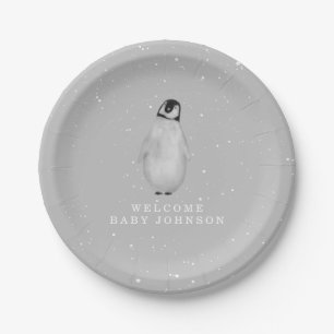 Baby Penguin Neutral Gray Winter Baby Shower Paper Plates