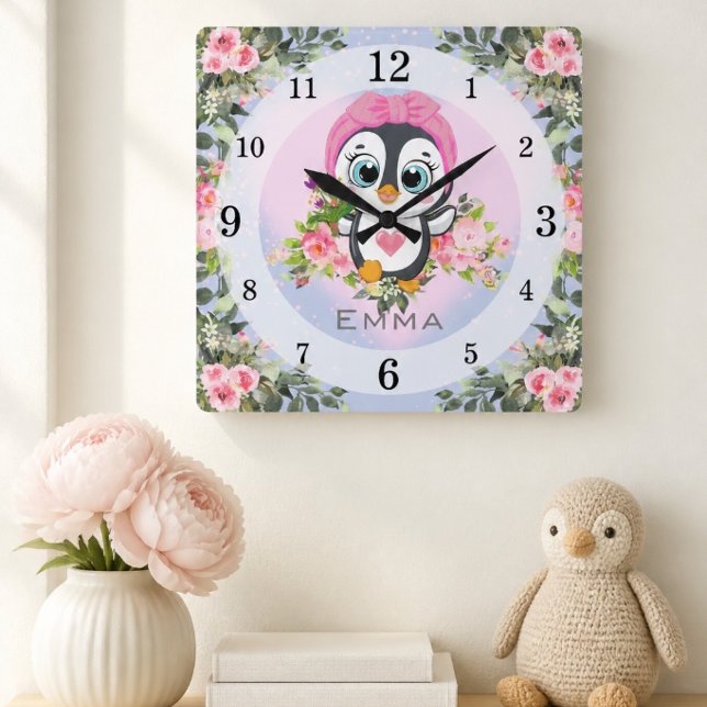 Baby Penguin | Nursery | Personalized Square Wall Clock (Creator Uploaded)