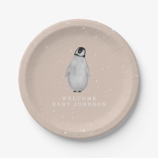 Baby Penguin Pink Girl Winter Baby Shower Paper Plates (Front)