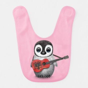 Baby Penguin Playing Albanian Flag Guitar Pink Baby Bib by crazycreatures at Zazzle