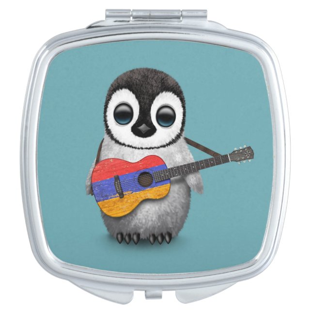 Baby Penguin Playing Armenian Flag Guitar Blue Compact Mirror (Front)